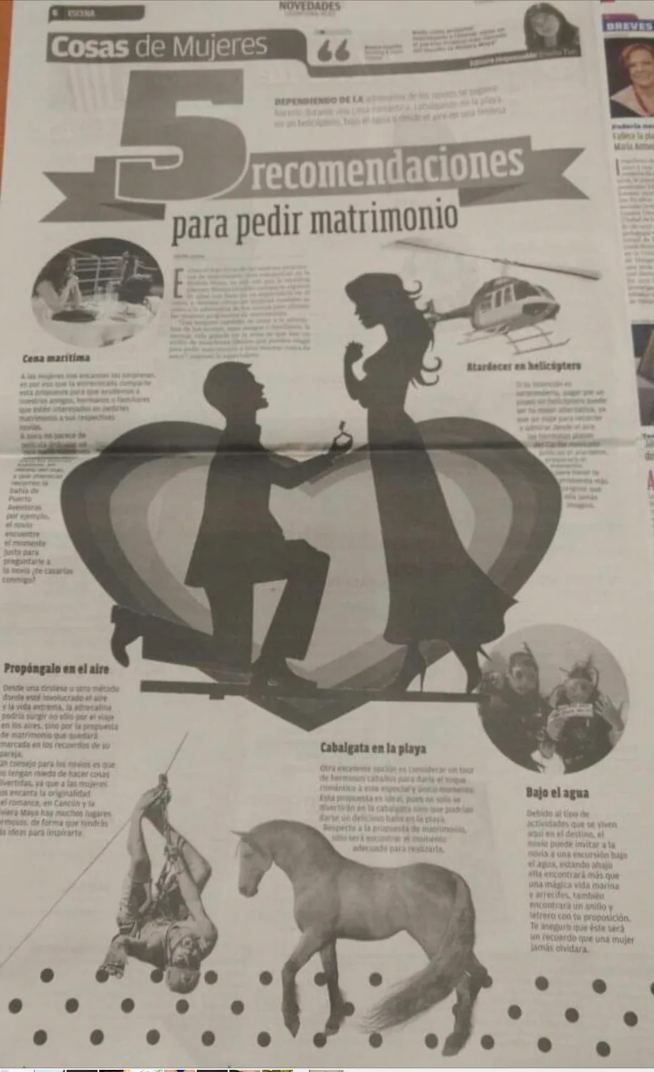 Recorte del periódico Novedades Quintana Roo con el reportaje «5 recomendaciones para pedir matrimonio»